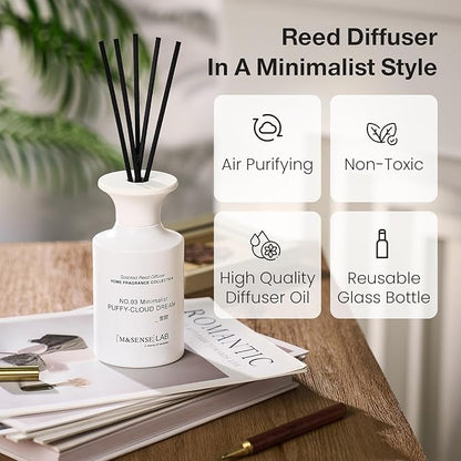 M&SENSE Minimalist Large Reed Diffuser 300ml, Puffy Cloud Dream Scented with Natural Essential Oils, Long Lasting with 7 Sticks, Non-Toxic Home Fragrance for Bedroom, Bathroom Decor
