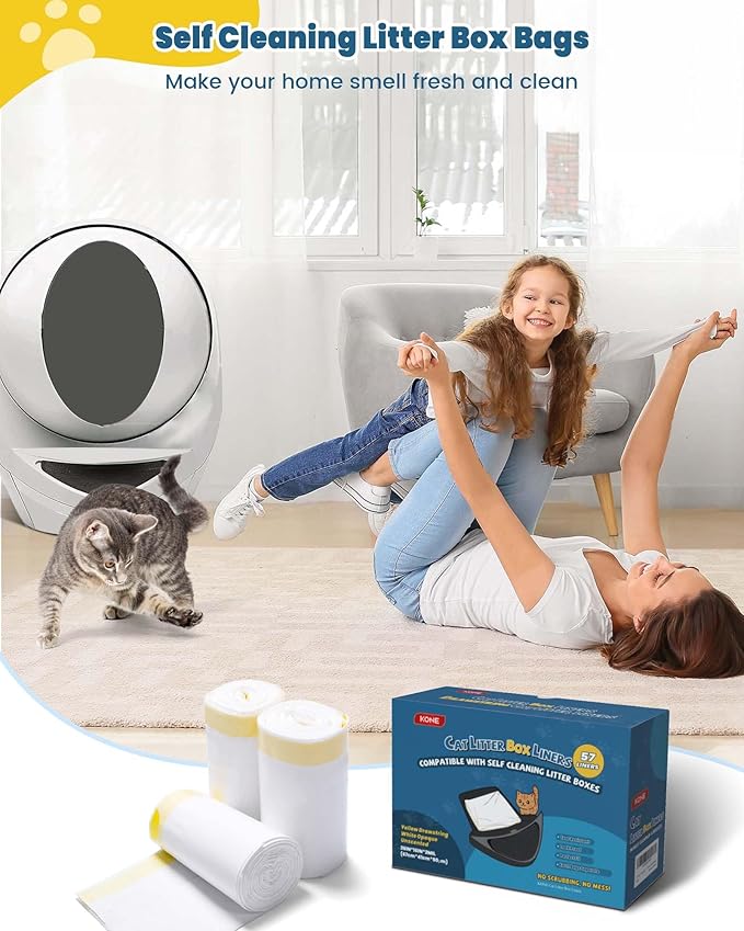 KONE Cat Litter Bags for Robot 3/4, 2 mil Thickened Drawstring Waste Drawer Liners Compatible with Most Self-cleaning Automatic Boxes - 57 Count Pet Kitten Poop Disposable Replacement Bag, 5-9 Gal-Mewly Pet