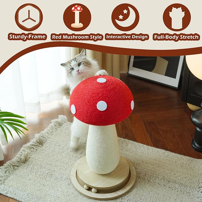 Cat Scratching Post Mushroom Cat Tree with Natural Sisal, Weighted Base & Interactive Ball - for Kittens to Adult Cats - Perfect for Indoor Cats (Red, Large 21 in, 7)-Mewly Pet