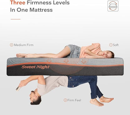 Sweetnight Mattress, 12 inch Memory Foam Mattress with Three Firmness Levels from Soft to Firm, Gel Infused for Cool Sleep and Spinal Support, Flippable King Size Mattress in a Box, Whisper