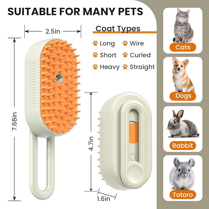 Cat Steam Brush for Shedding, Pet Steam Brush for Cats and Dog, 4 in 1 Rechargeable Cat Hair Brush, Spray Anti-Static, Massage, Cleaning, Shedding & Combing All In One, for Long & Short Haired Pets!-Mewly Pet