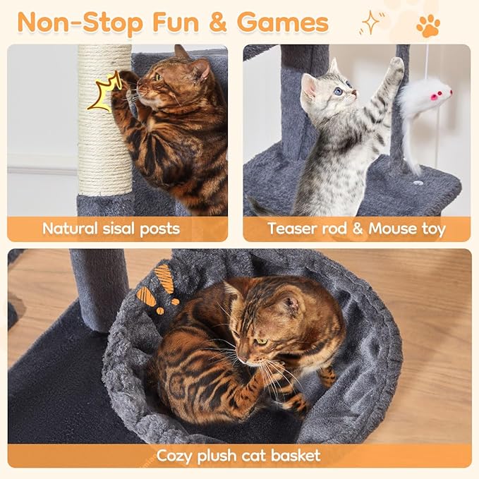 Taoqimiao Heavy Duty Cat Tree for Large Cats 20lbs+, 71 Inches Tall Cat Tower, 2 Cat Condo with 6 Scratching Posts, Super Large Hammcock, Cat Toys, Cozy Basket, Smoky Gray, MS037G-Mewly Pet