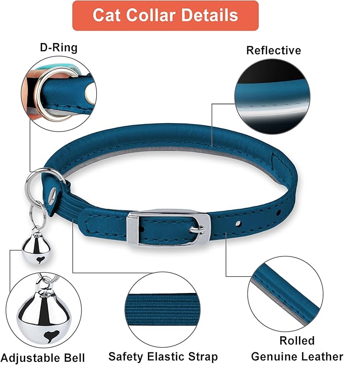 OOPSDOGGY Rolled Leather Cat Collar with Bell, Reflective Kitten Collars with Buckle Include Safety Elastic Strap - Adjustable Small Pet Collars for Boy Girl Cats (Blue)-Mewly Pet