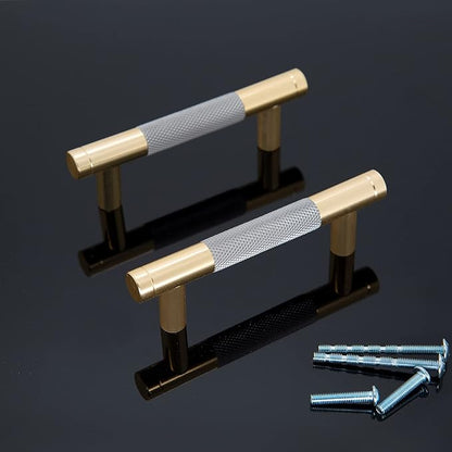 Knurled Cabinet Pulls 6 Pack, 4 Inch Long Cabinet Handles Metal Door Pulls, Kitchen Drawer Pull Knurled Dresser Handles - 3" Hole to Hole, Grey & Gold