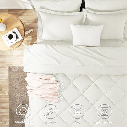 CozyLux Queen Comforter Set Ivory - Bed in a Bag Queen Size 7 Pieces, Luxury Soft Bed Set for All Seasons, Bedding Set with Down Alternative Comforter, Sheets, Pillowcases & Shams