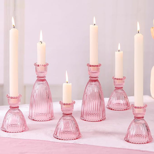 LAMORGIFT Pink Candle Holder Set of 6-4pcs 3.5"& 2pcs 6" Assorted Glass Pink Candlesticks Holder for Wedding Decor, Ribbed Taper Candle Holders Bulk for Bridal Shower, Home Table Centerpieces