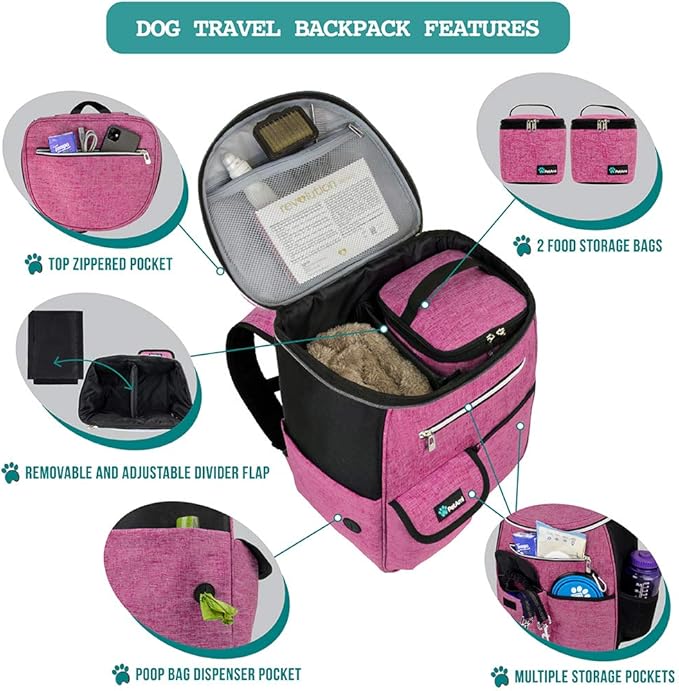 PetAmi Dog Travel Bag Backpack, Airline Approved Dog Bags for Traveling, Puppy Diaper Bag Supplies, Pet Camping Essentials Hiking Accessories Dog Mom Gift, Food Container, Collapsible Bowls, Pink-Mewly Pet