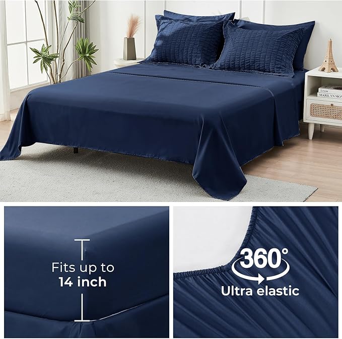 HYMOKEGE Navy Blue Twin Comforter Set Seersucker 5 Pieces, All Season Luxury Bed in a Bag for Bedroom, Bedding Set with Comforters, Sheets, Pillowcase & Sham