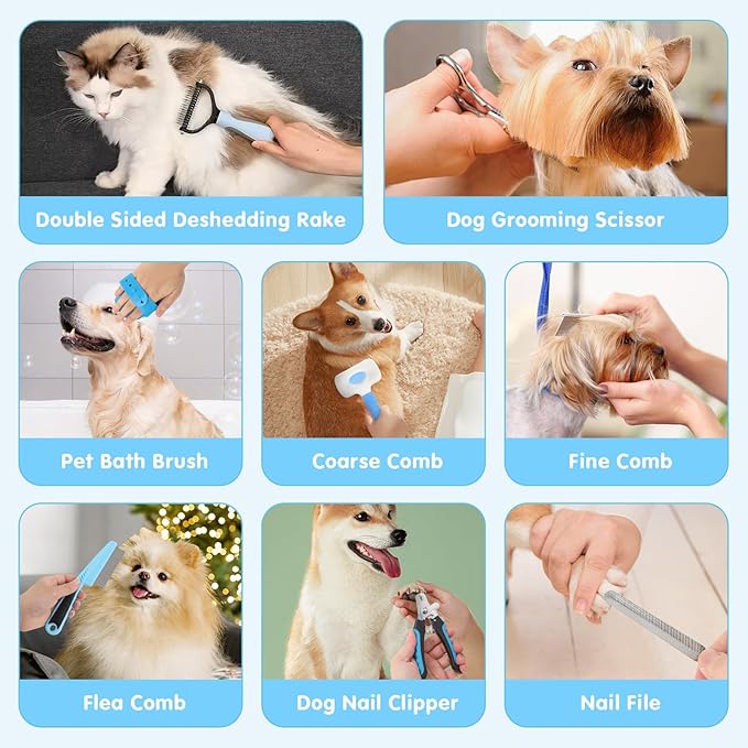 Cat Grooming Brush, 9PCS Dog Brush Kit with Pet Nail Clipper and File, Deshedding Brush for Cats, Cats Dog Shedding Brushs for Small Large Pets, Includes Flea Comb, Bath Brushs,Undercoat Rake (Blue)-Mewly Pet