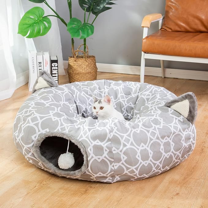 LUCKITTY Geometric Cat Tunnel Bed Oxford Outside with Plush Inside,Cats Toys Collapsible Tunnel Tube with Balls, for Rabbits, Kittens, Ferrets,Puppy 3FT-Mewly Pet