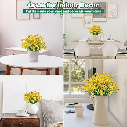 Lnoicy 12 Pcs Artificial Flowers for Outdoor,Plastic Flowers Decoration, UV Resistant Faux Flowers Shrubs, Artificial Plants for Indoor Outside Garden Home Wedding Farmhouse(Yellow)