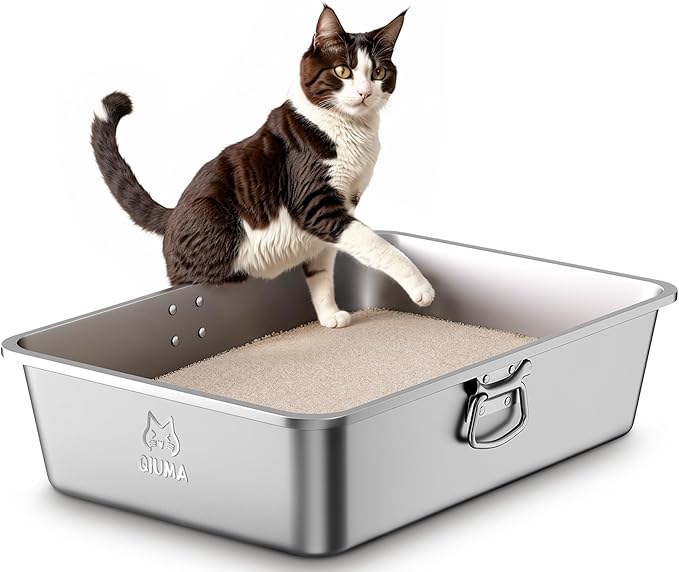 Stainless Steel Litter Box with Handle, Large Metal Cat Litter Box with High Sided for Big and Small Cats, Kitty Litter Boxes, Non-Stick, Easy to Clean, Odor-Free, Cat Toilet，Litterbox-Mewly Pet
