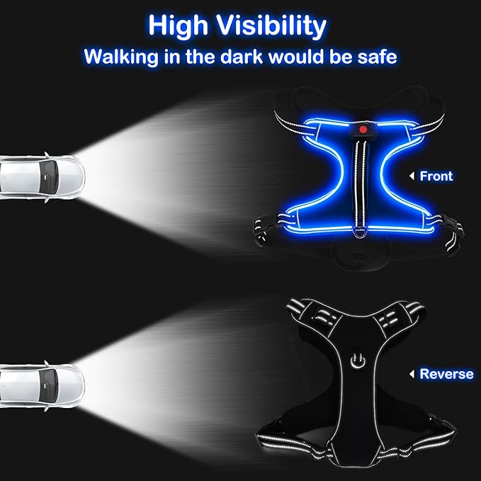Light Up Dog Harness, No Pull LED Dog Harness with Handle, Rechargeable Lighted Safety Vest for Small Medium Large Dogs, Adjustable Soft Dog Lights for Night Walking-Mewly Pet
