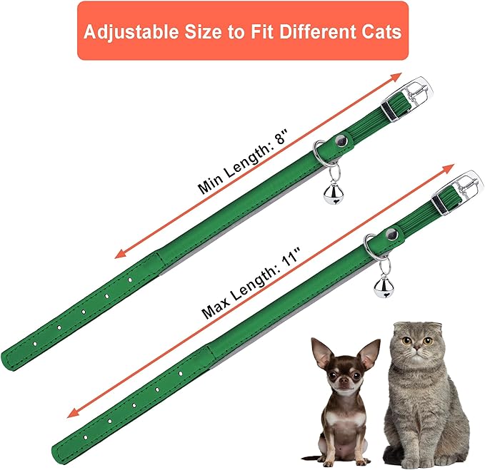OOPSDOGGY Rolled Leather Cat Collar with Bell, Reflective Kitten Collars with Buckle Include Safety Elastic Strap - Adjustable Small Pet Collars for Boy Girl Cats (Green)-Mewly Pet