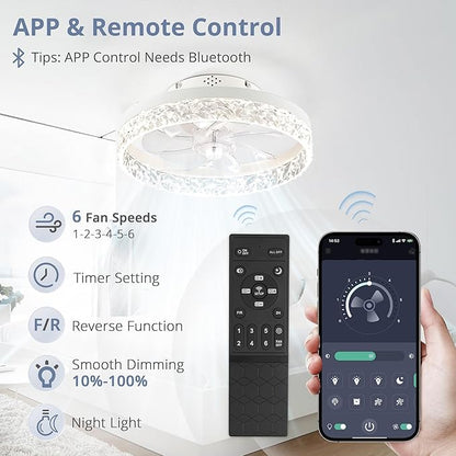 LEDIARY 15.7" Modern Ceiling Fans with Lights and Remote, Dimmable Low Profile Ceiling Fan, Flush Mount Ceiling Fan, Stepless Color Temperature Change and 6 Speeds - White