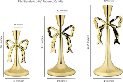 Iris Bow Candle Holders Set of 3, Gold Taper Candlestick Holders, Vintage Decor Perfect for Home Décor Accents, Centerpiece Dining Table Wedding Decor Fireplace Mantel or Housewarming Gift
