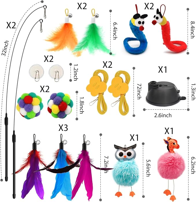 4-in-1 Interactive Cat Toys Set with Suction Cup Wand, Hanging Cat Toys, Fishing Pole Cat Wand & Kitten Balls- Includes Variety Replaceable Worms, Feathers for Indoor Bored Cats for Exercise-Mewly Pet