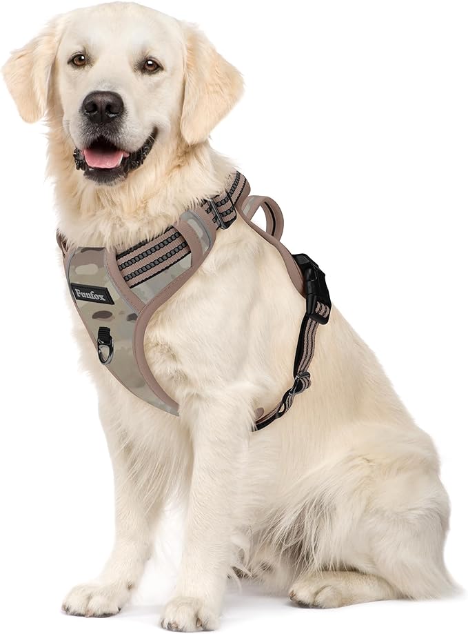 Funfox Dog Harness No Pull, Adjustable Pet Vest Harness, Super Soft Material with Vertical Handle Easy Control, Reflective Night Walking, 2 Leash Clips for Large Dogs, Camo Brown, L-Mewly Pet