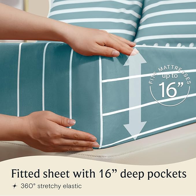LuxClub Striped Sheets, 3 PC Striped Bed Sheets Twin Size, Deep Pockets Wrinkle Free-Kids-Fitted Sheets Machine Washable Hotel Bedding (Twin, Light Blue)