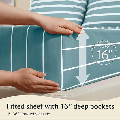 LuxClub 4 PC Queen Size Sheet Set Bed Sheets, Breathable Luxury Deep Pockets Wrinkle Free Cooling Sheets Machine Washable Hotel Bedding (Queen, Striped Light Blue)