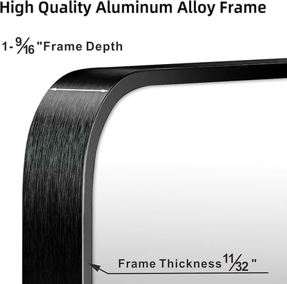 24"x36" Brushed Matte Black Metal Framed Rounded Rectangle Mirror, Wall Mounted Mirrors for Bathroom Entryway Vanity Living Room Bedroom, Vertical or Horizontal