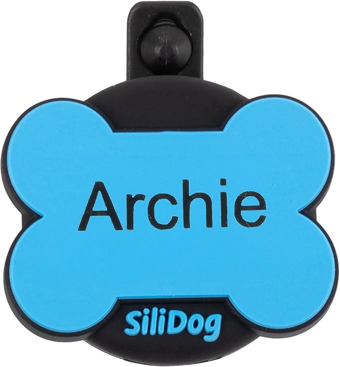 SiliDog AirTag Holder Silent Dog ID Tag – Personalized Engraved Silicone Pet Tag – Durable, Glow-in-The-Dark – Blue Bone-Mewly Pet