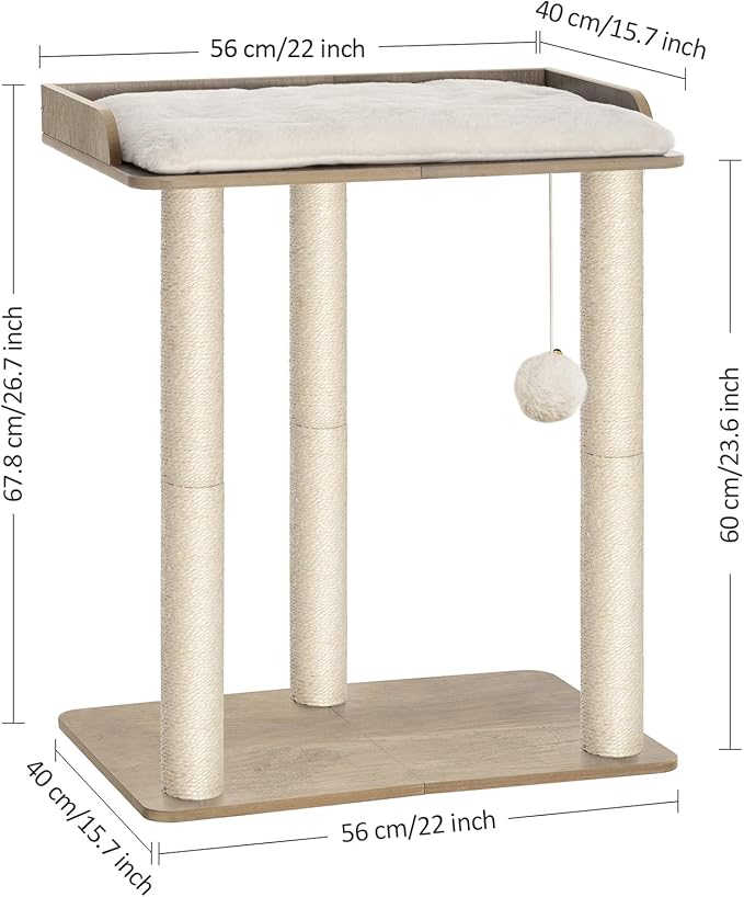 FourFurPets 26.7in Large Cat Tree Tower Condo, Cat Scratch Posts for Indoor Cats, Big Plate, Three 23.6in Full Sisal Scratching Posts, Greige-Mewly Pet