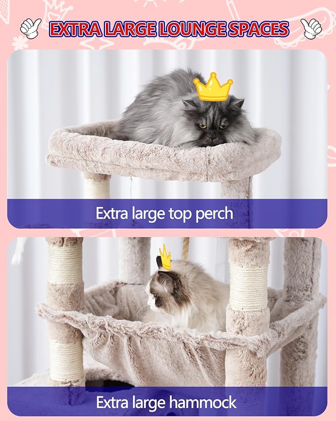 Cat Tree, Cat Tower for Large Cats with 2 Big Platforms, 2 Baskets, condo and Toys, 63" Cat Scratching Posts for Indoor Cats, Muchroom GCT020MU-Mewly Pet