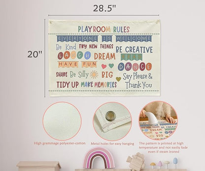 Sioial Playroom Kids Toddler Room Wall Decor, Play Room Rules Wall Decor for Kids Play Game Room Bedroom Nursery Home School Playroom Essentials,Canvas Hanging Banner Poster 28.5x20 Inch