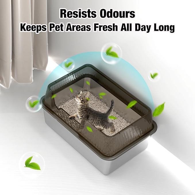 Suhaco Stainless Steel Litter Box Side Entry, Kitty Black Litter Mat and White Scoop Included Covered Metal High Sided Large Cat Litter Box with Lid Removable Enclosure for Medium Cats (Black)-Mewly Pet