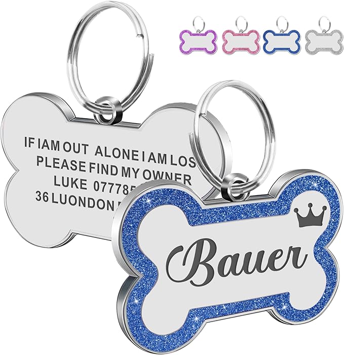 Dog Tags Personalized for Pets Dog Name Tags Personalized Dog Tag Engraved with Any Name & Text Custom Dog ID Tags Glitter Bone ID Tag for Puppy Cat (Blue L, Bone)-Mewly Pet