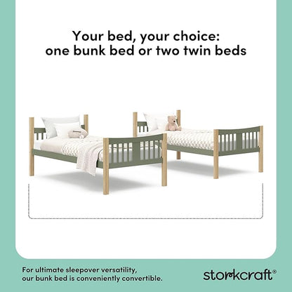 Storkcraft Caribou Bunk Bed Twin Over Twin Bunk Bed (Olive and Natural) - GREENGUARD Gold Certified, Twin Bunk Beds for Kids, Converts to 2 Individual Twin Beds (Mattress not Included)