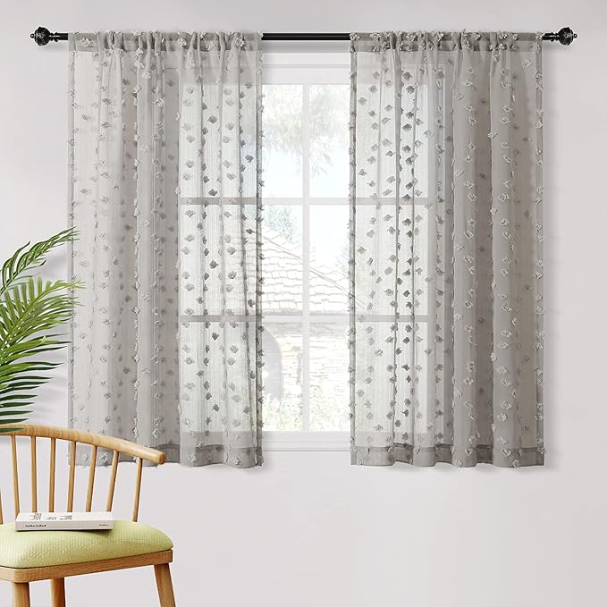 MYSKY HOME Grey Sheer Short Curtains with Pom Pom for Small Windows Bedroom Nursery Kids Girls Room Curtains Cafe Kitchen Light Filtering Boho Drapes, Rod Pocket,38 x 45 Inches, 2 Panels