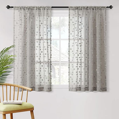MYSKY HOME Grey Sheer Short Curtains with Pom Pom for Small Windows Bedroom Nursery Kids Girls Room Curtains Cafe Kitchen Light Filtering Boho Drapes, Rod Pocket,38 x 45 Inches, 2 Panels