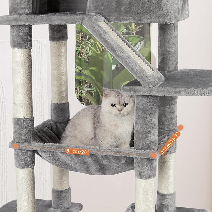 73 inches Large Cat Tree for Indoor Cats, Tall Cat Tower with Sisal Scratching Posts and Pads, Padded Plush Perch, Cozy Basket, Plush Condo for Large Cats (Grey)-Mewly Pet