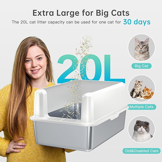 Stainless Steel Cat Litter Box with Lid, XL Metal Litter Box for Big Cats, Extra Large Litter Box with High Sides, Never Absorbs Odors, Non-Sticky, Easy Clean, Anti-Urine Leakage, with Scoop-Mewly Pet