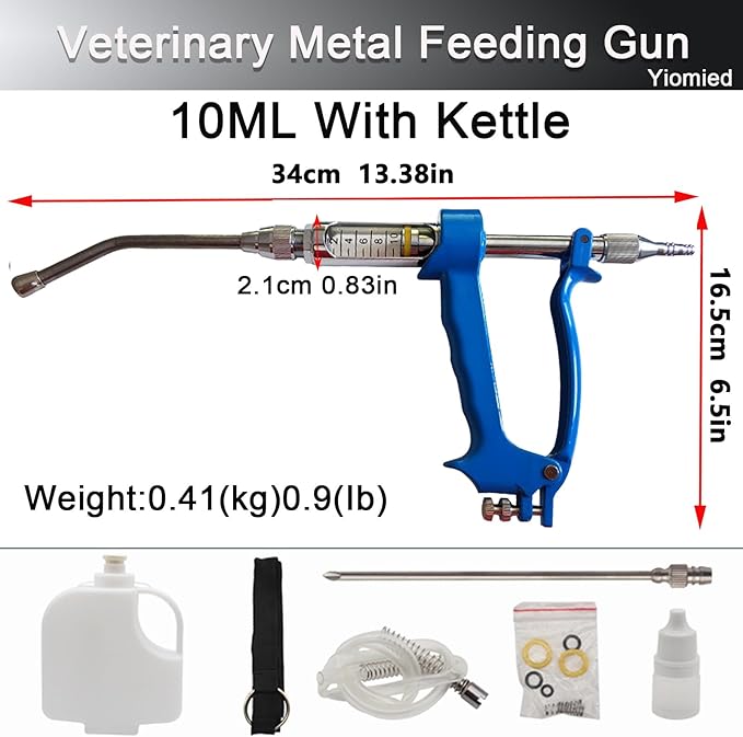 10ML Veterinary Metal Feeding Gun, Continuous Drench Gun Dosing Device Veterinary Adjustable Medicine Dispenser Husbandry Autonomous Feeding Tool, for Pig Cow, Sheep, Horse (Blue, 10ML+Kettle)-Mewly Pet