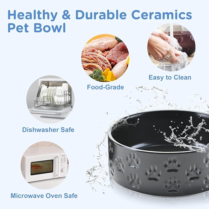 SPUNKYJUNKY Ceramic Dog and Cat Bowls 2 Pack, 5.1'' Dog and Cat Food Water Double Feeding Bowls Non-Slip for Cats and Puppy Small Sized Breed Dogs Microwave Dishwasher Safe - 13.5 OZ, 2pcs, Paw Black-Mewly Pet
