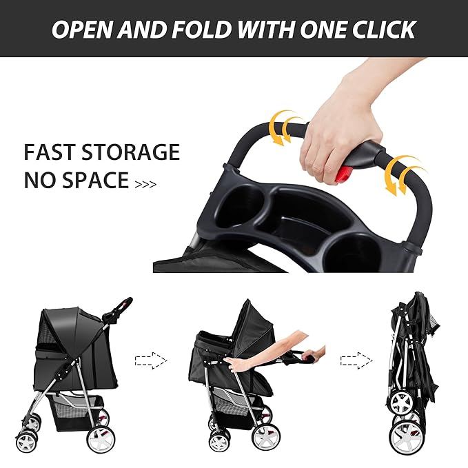 4 Wheels Pet Stroller for Small Medium Dogs Cats 10-33 lbs, Foldable Dog and Cat Stroller with Cup Holder & Storage Basket & Breathable Mesh, Pet Strolling Cart for All-Season, Black-Mewly Pet