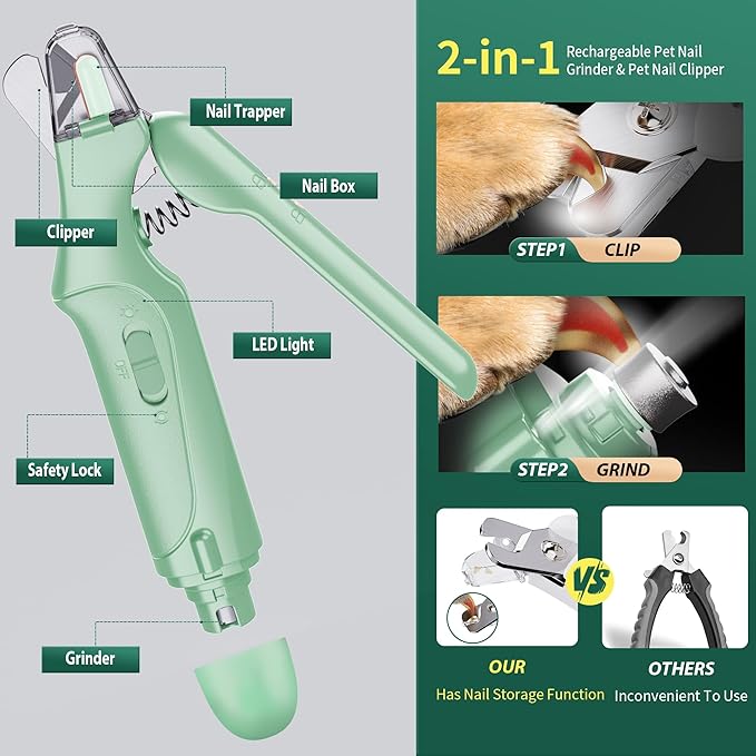 Dog Nail Clippers & Cat Nail Clipper with Catcher, 2 in 1 Dog Nail Trimmers & Grinder with Light for Large Small Dogs Cats,Silent Groom Pro Claw Trimmer, Rechargeable Dogs Nails Grinder Quiet-Mewly Pet