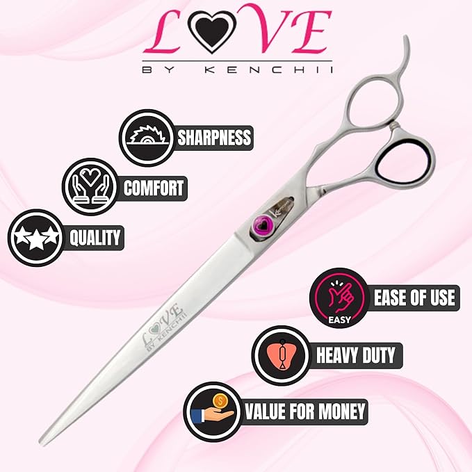 Kenchii Love Dog Grooming Scissors, 9 Inch Straight Shears, Dog Scissors for Grooming, Professional Pet Grooming Scissors, Heavy Duty, Durable and Sharp-Mewly Pet