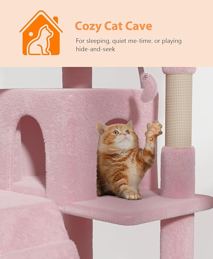 70'' Cat Tree Tower for Indoor Cats Large Adult,Cute/Tall Modern Cat Tree for Big Cats 20 lbs,Plush Multi-Level Cat Condo with Scratching Posts,Dangling Ball for Fun Play(Soft Pink, 70 inch)-Mewly Pet