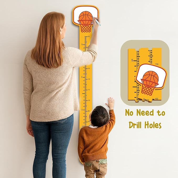 Personalized Growth Chart for Wall, Wooden Height Chart for Kids, Cute Height Measurement for Child/Girls/Boys, Baby and Toddler's Playroom/Kid's Room/Nursery Decor, Basketball