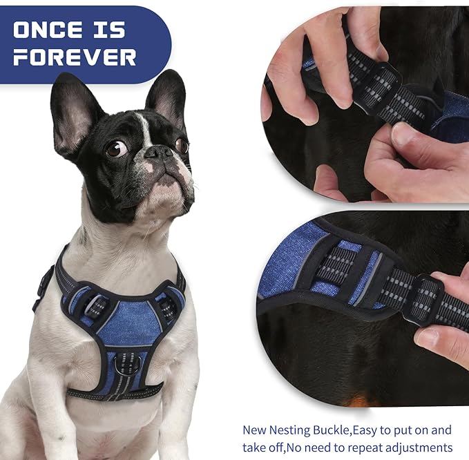 BUMBIN Dog Harness for Large Dogs, No Pull Adjustable No Choke Pet Vest with Dog Leash Fit Smart Reflective Pet Walking Harness for Training Easy Control Soft Handle Denim Blue L-Mewly Pet
