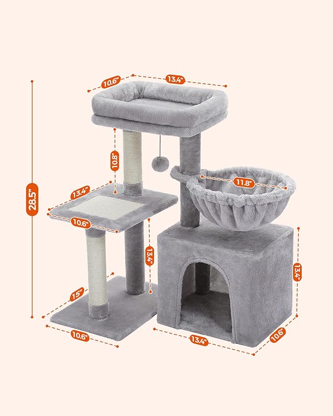 PEQULTI Small Cat Tree, [28.5''] Cat Tower for Indoor Cats, 2 Styles Activity Tree with Cat Scratching Posts, Big Hammock and Removable Top Perch Grey-Mewly Pet