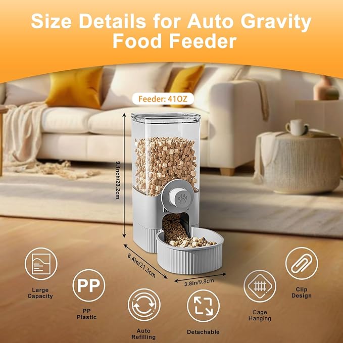 Auto Gravity Food Dispenser for Cage Hanging, 41OZ Capacity Hanging Automatic Pet Cage Feeder, Food Bowl for Cats Dogs Rabbit Ferret Chinchilla Bird Hedgehog Guinea Pig (Grey)-Mewly Pet