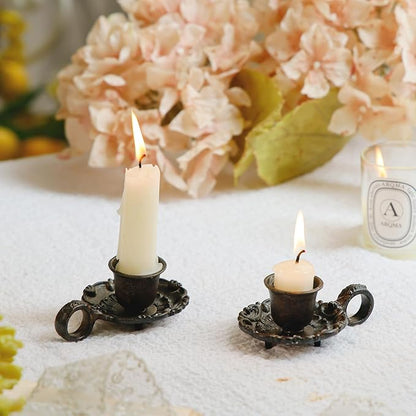 NIKKY HOME Taper Candle Holders with Handle, Set of 2 Rustic Metal Candlestick for Table Centerpieces, Wedding Decor and Dinner Party, Brown