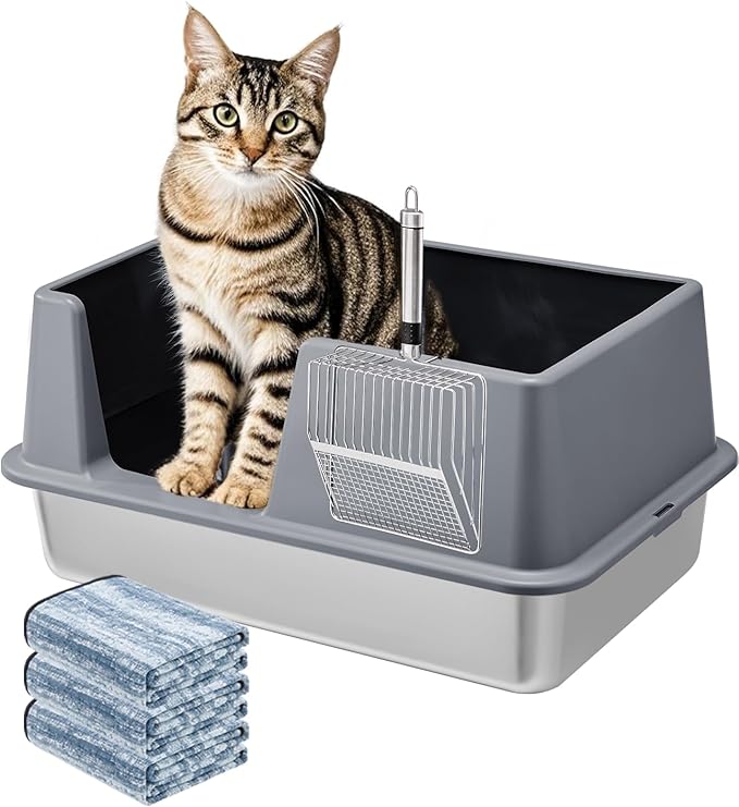 Stainless Steel Litter Box with Lid, 23.5" L x 15.8" W x 10.5" H, Large Metal Cat Box for Big Cats, High Sided Kitty Litter Box with Scoop & Pee Pads, Non-Sticky, Anti-Leakage, Easy to Clean (Gray)-Mewly Pet