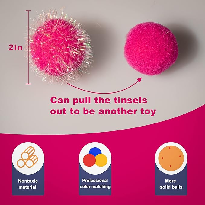 VAPKER 30 Pcs Cat Ball Toys Sparkle Balls Extra Large 2 Inch Cat's Favorite Chase Glitter Ball Glitter Tinsel Pom Poms Balls Hot Pink Color-Mewly Pet