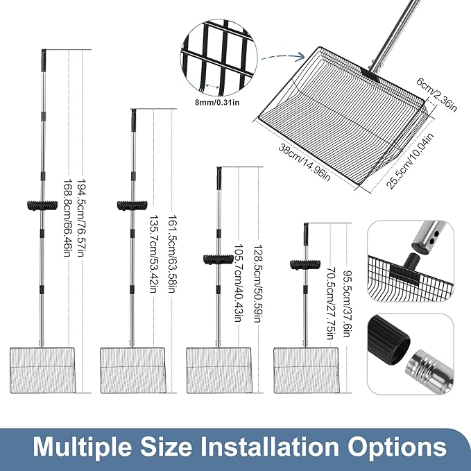 15inch Large Chicken Poop Scooper with Ergonomic Grip, 5 in 1 Adjustable Chicken Coop Pooper Shovel (24 to 76.5"), Stainless Steel Litter Sifting Shovel Scoop for Chicken Coop/Goat Stall/Stable-Mewly Pet